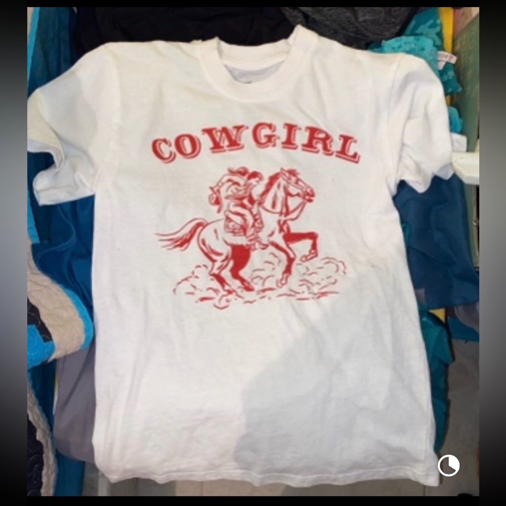 White Tee with Cowgirl and Horse in a Dark Orange Graphic on front-Unisex size S